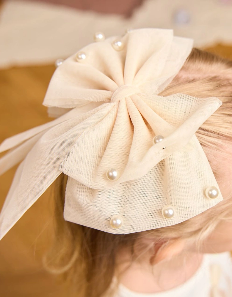 Girls Beige Tulle Pearl Bow Hair Clip