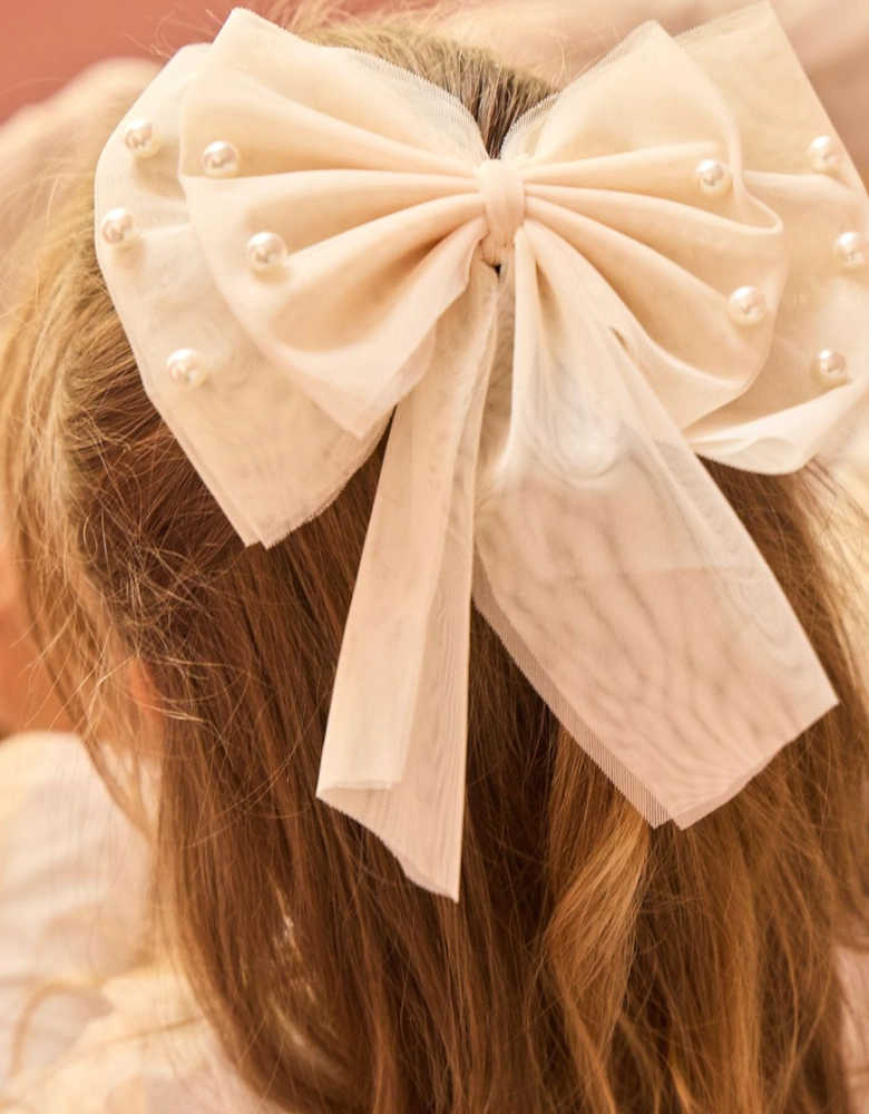 Girls Beige Tulle Pearl Bow Hair Clip