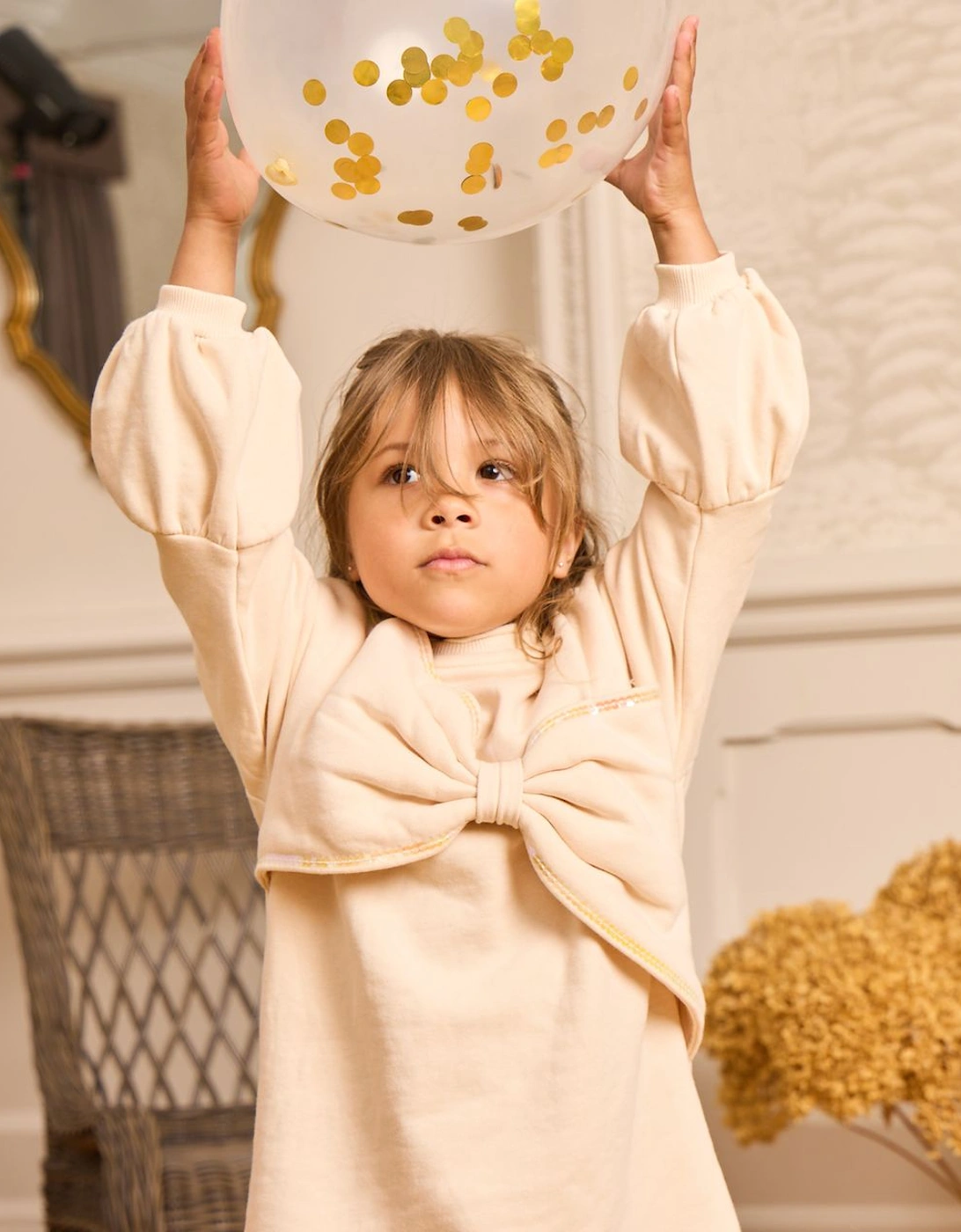 Girls Beige Oversized Bow Jumper Dress