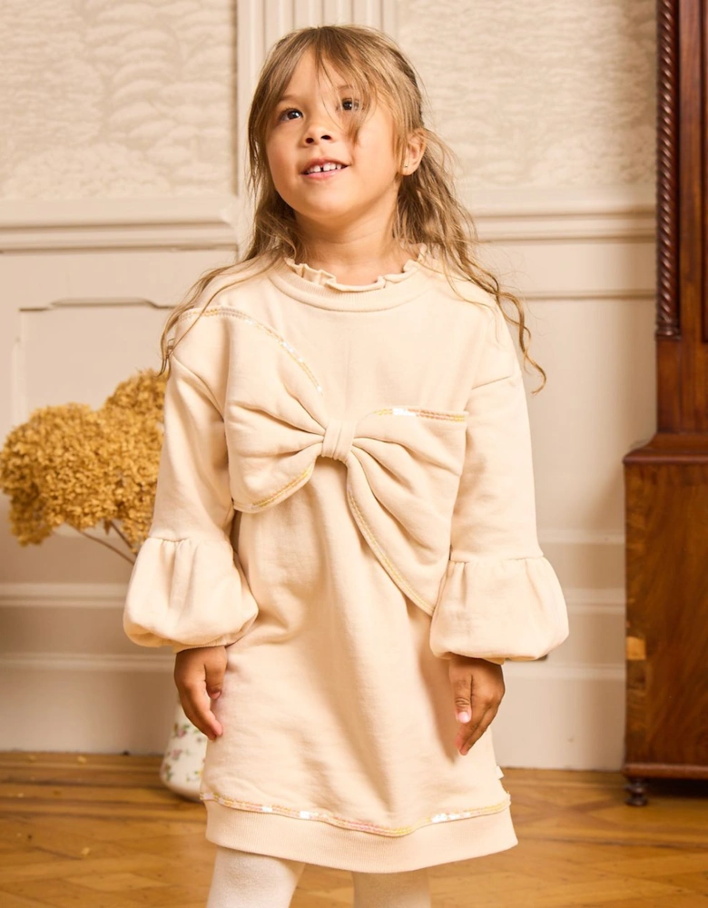 Girls Beige Oversized Bow Jumper Dress