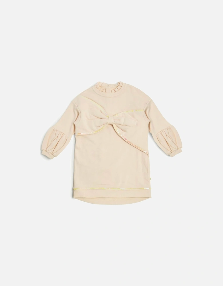 Girls Beige Oversized Bow Jumper Dress