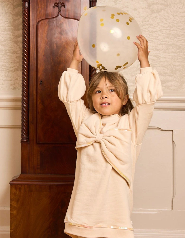 Girls Beige Oversized Bow Jumper Dress