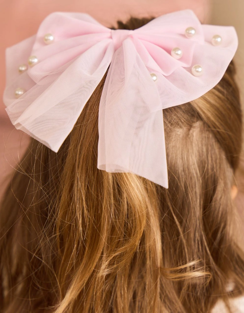 Girls Pink Tulle Pearl Bow Hair Clip