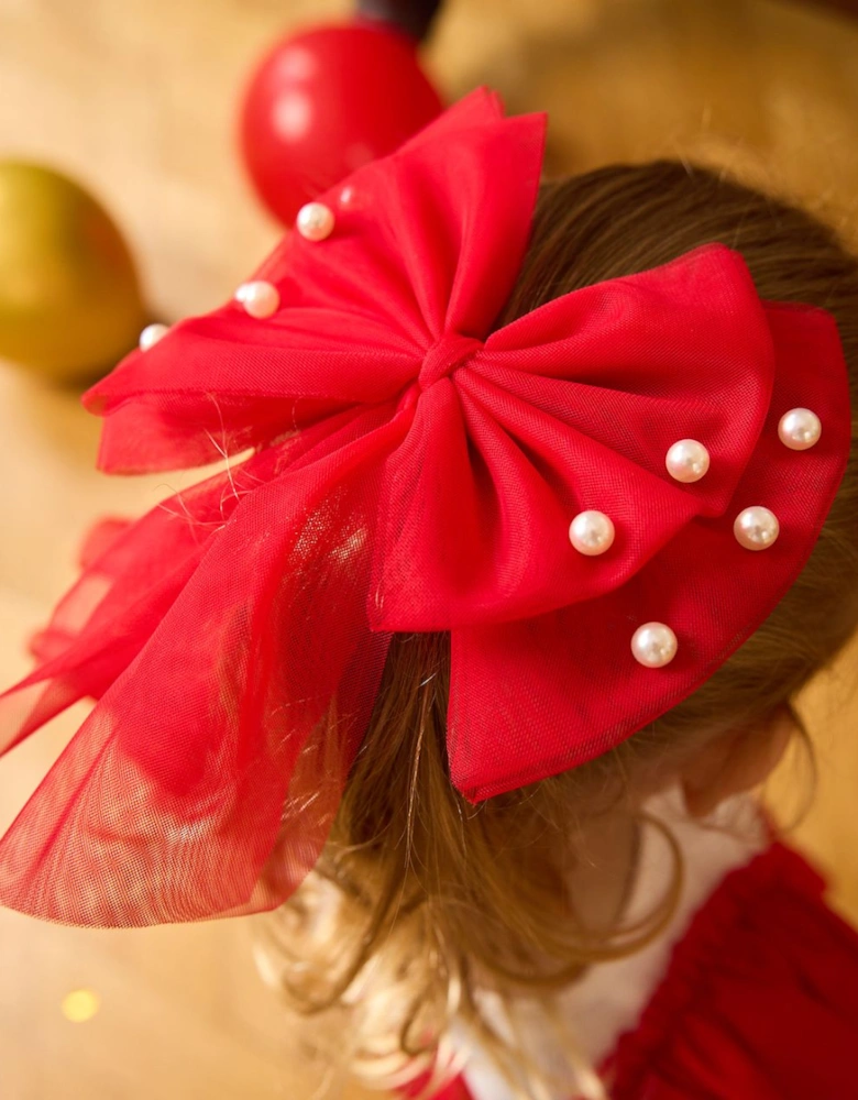 Girls Red Tulle Pearl Bow Hair Clip