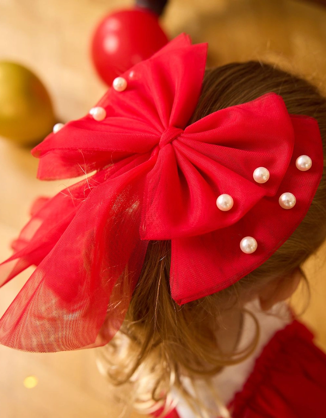 Girls Red Tulle Pearl Bow Hair Clip, 4 of 3