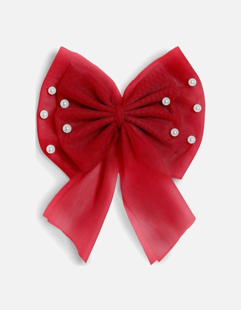 Girls Red Tulle Pearl Bow Hair Clip
