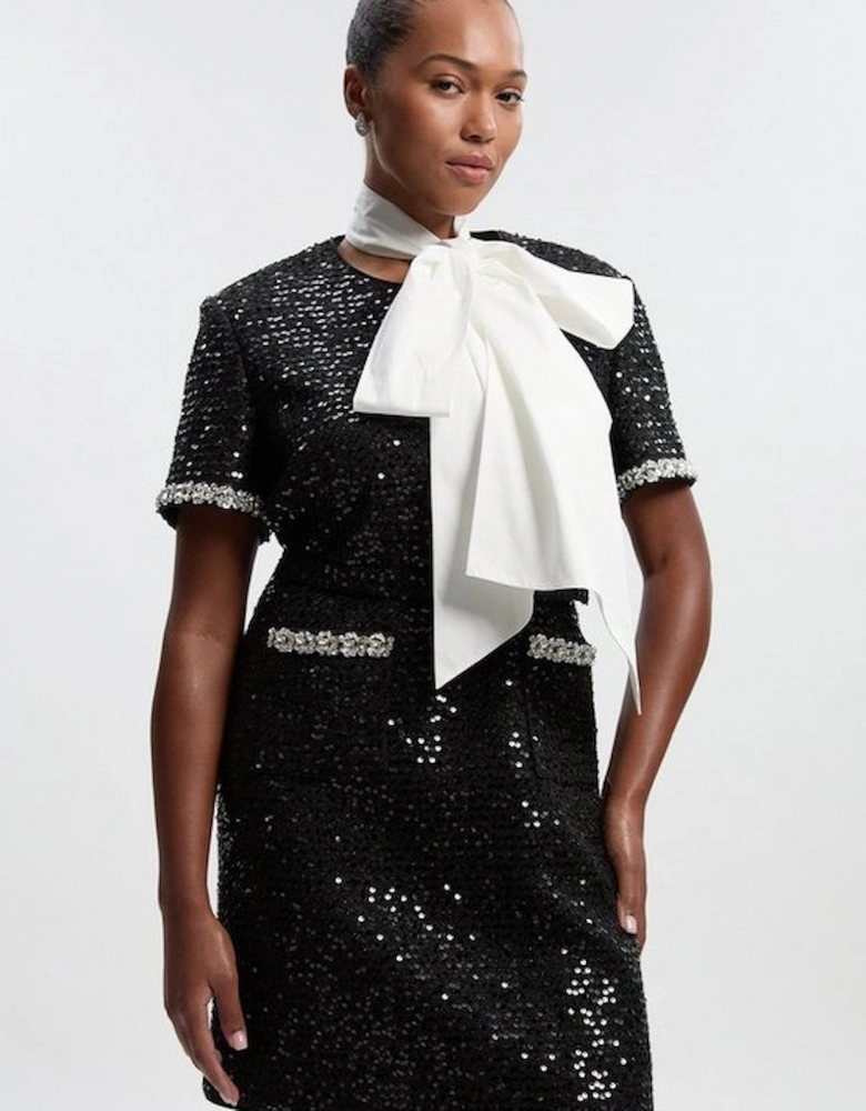 Plus Size Tailored Sequin Tweed Tie Bow Neck Embellished Mini Dress