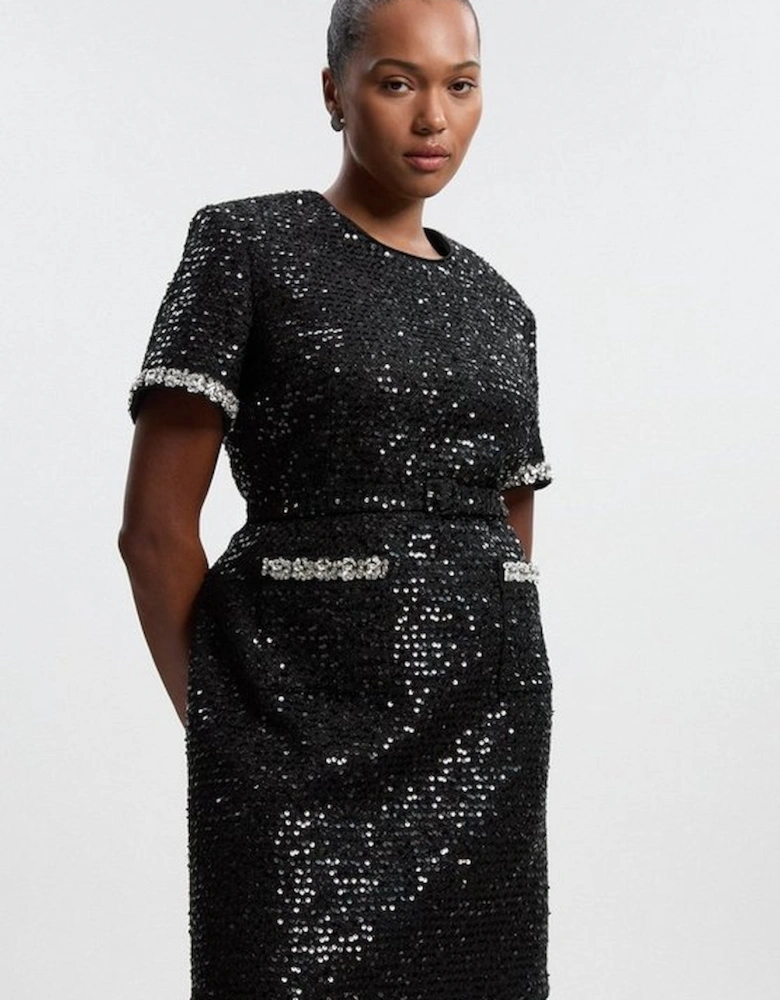 Plus Size Tailored Sequin Tweed Tie Bow Neck Embellished Mini Dress