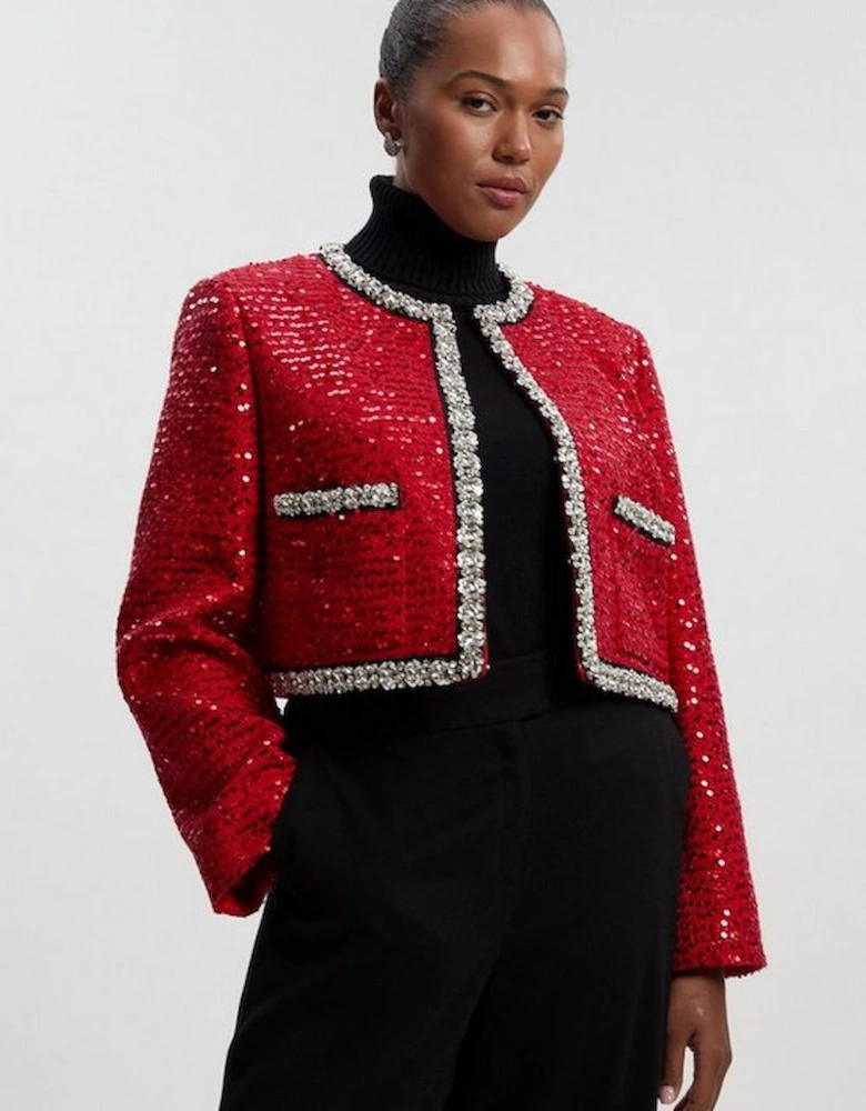 Plus Size Tailored Sequin Tweed Embellished Cropped Jacket