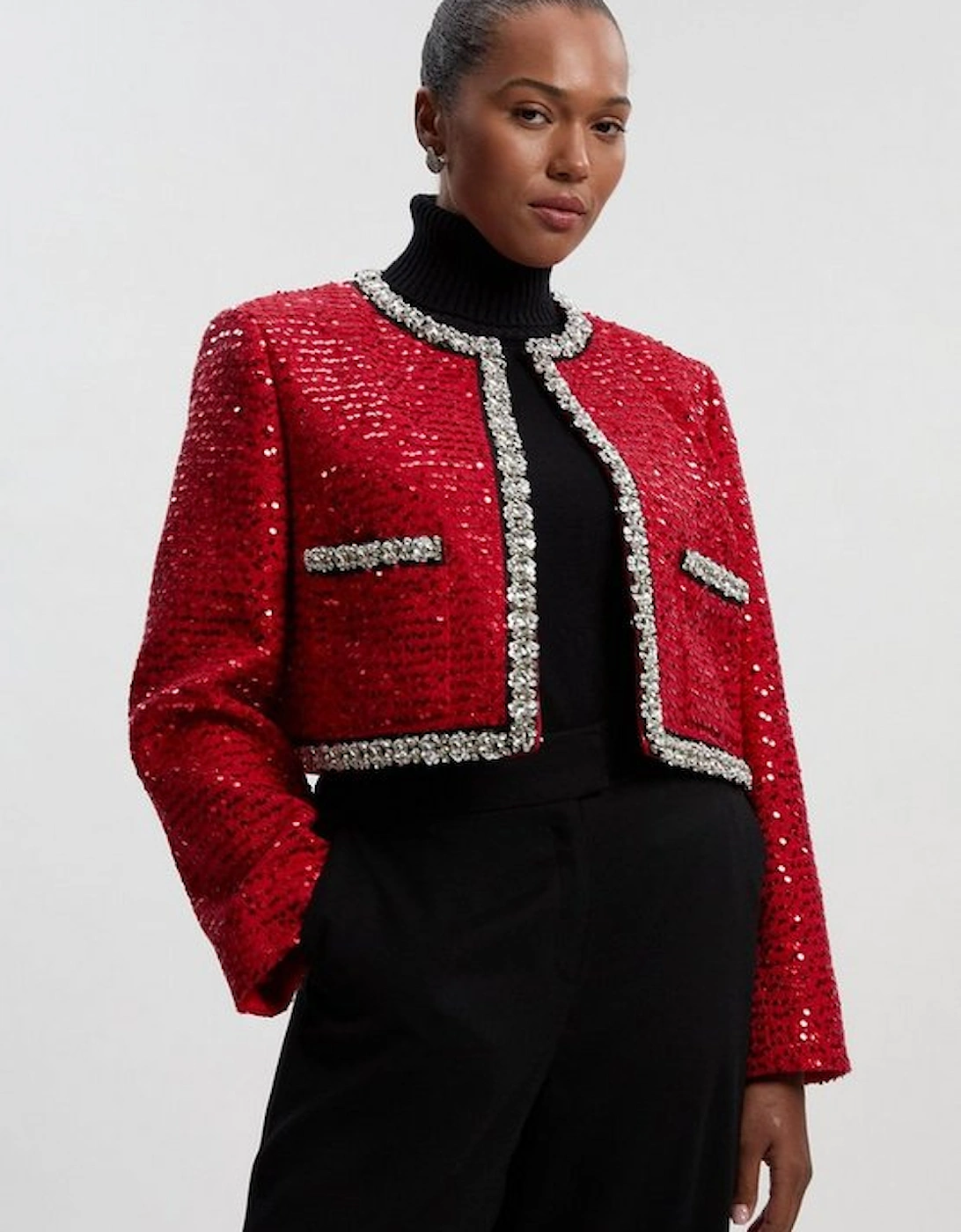 Plus Size Tailored Sequin Tweed Embellished Cropped Jacket, 4 of 3