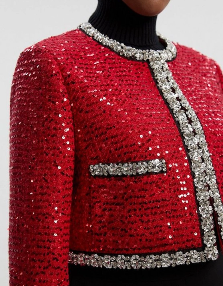 Plus Size Tailored Sequin Tweed Embellished Cropped Jacket