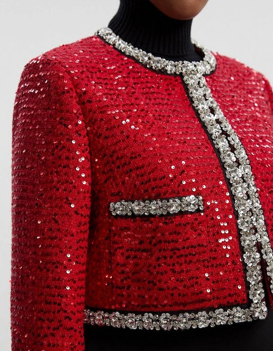 Plus Size Tailored Sequin Tweed Embellished Cropped Jacket