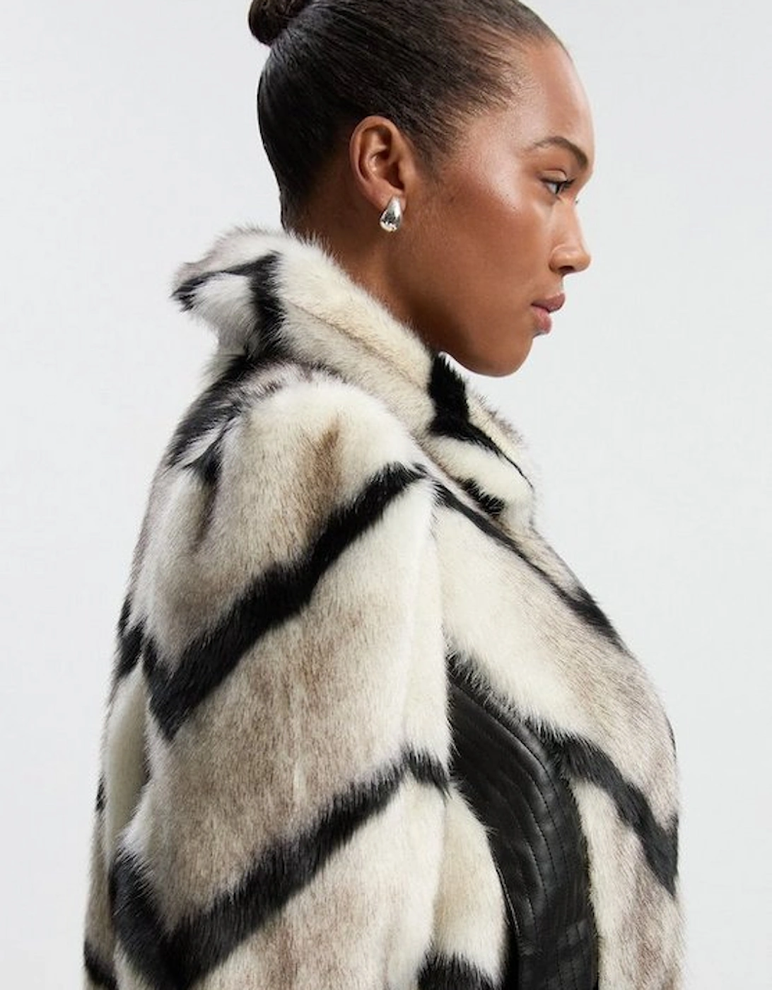 Plus Size Faux Fur Pu Panelled Stripe Belted Cropped Jacket, 4 of 3