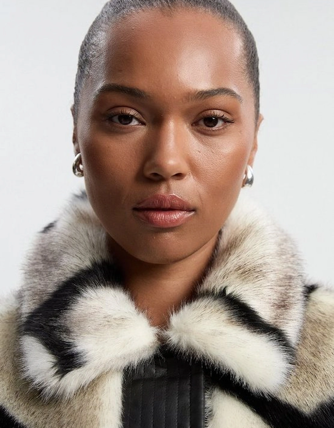 Plus Size Faux Fur Pu Panelled Stripe Belted Cropped Jacket