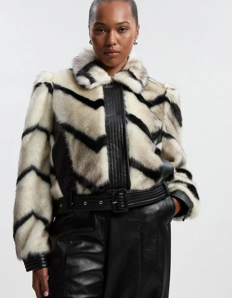 Plus Size Faux Fur Pu Panelled Stripe Belted Cropped Jacket
