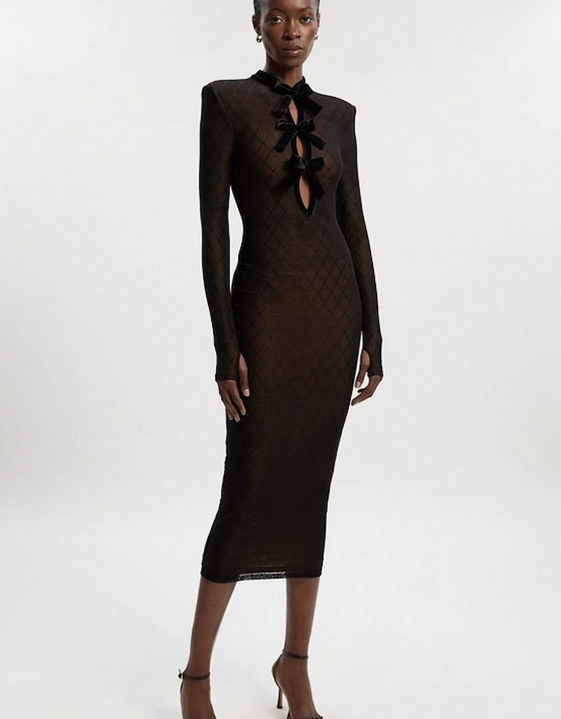 Petite Mesh With Velvet Bow Trim Detail Halter Neck Long Sleeve Midi Dress, 4 of 3