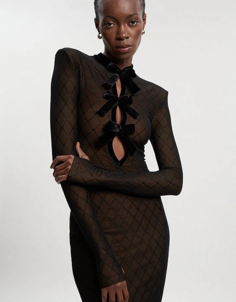 Petite Mesh With Velvet Bow Trim Detail Halter Neck Long Sleeve Midi Dress