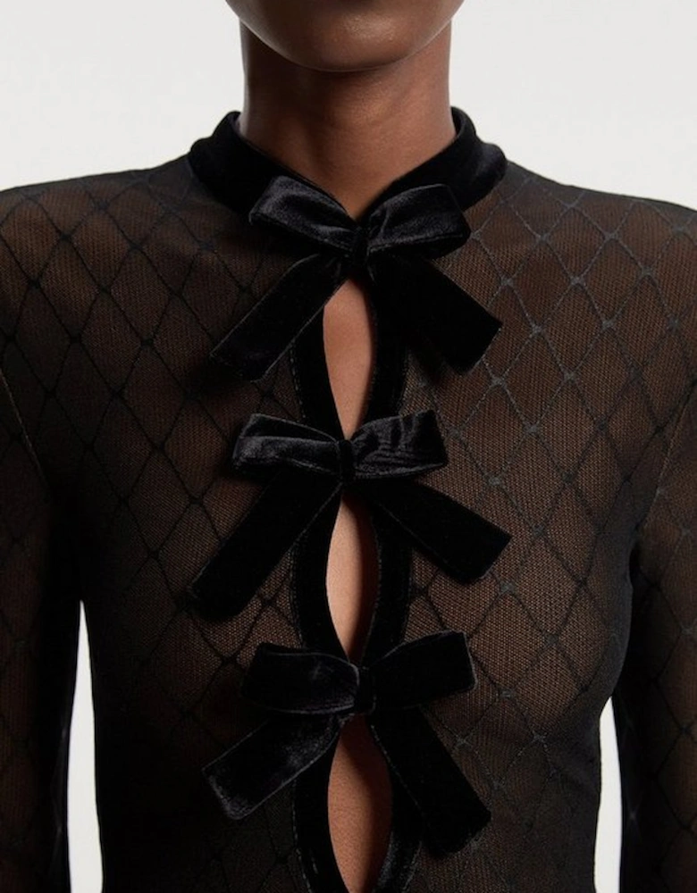 Petite Mesh With Velvet Bow Trim Detail Halter Neck Long Sleeve Midi Dress