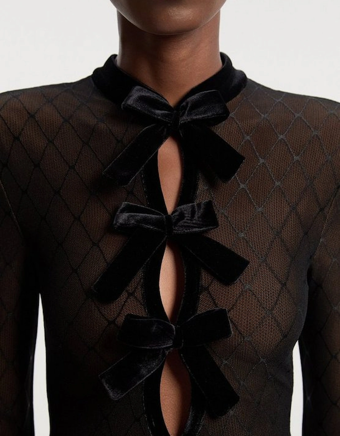 Petite Mesh With Velvet Bow Trim Detail Halter Neck Long Sleeve Midi Dress