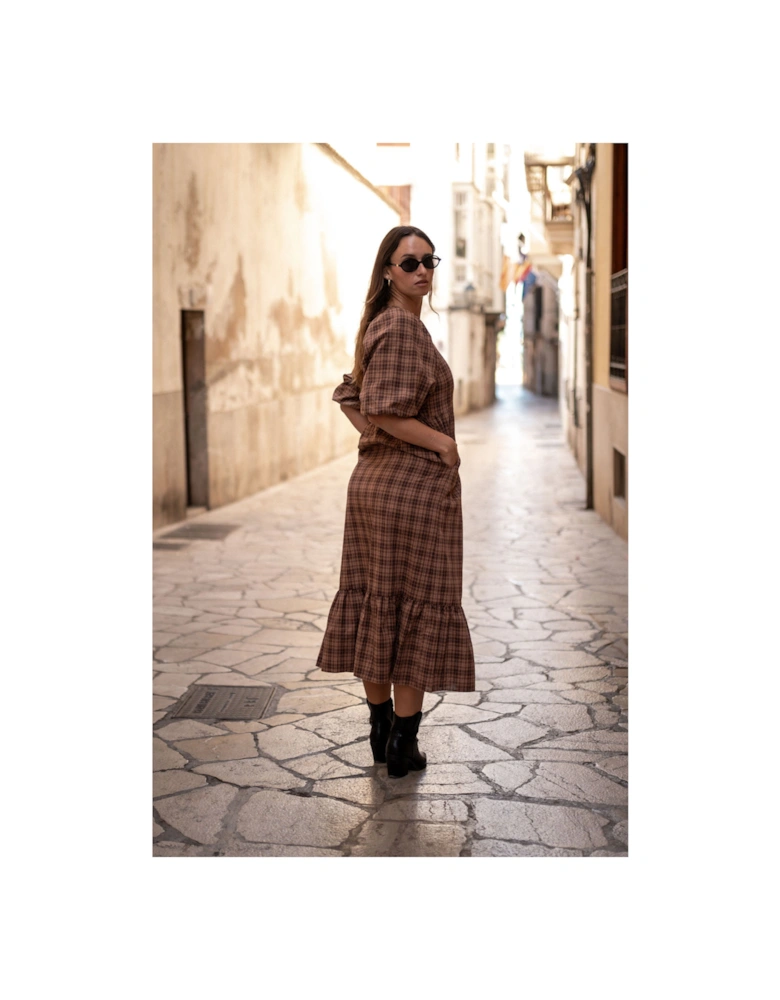Brown Cotton Puff Sleeves V Neck Midi Dress