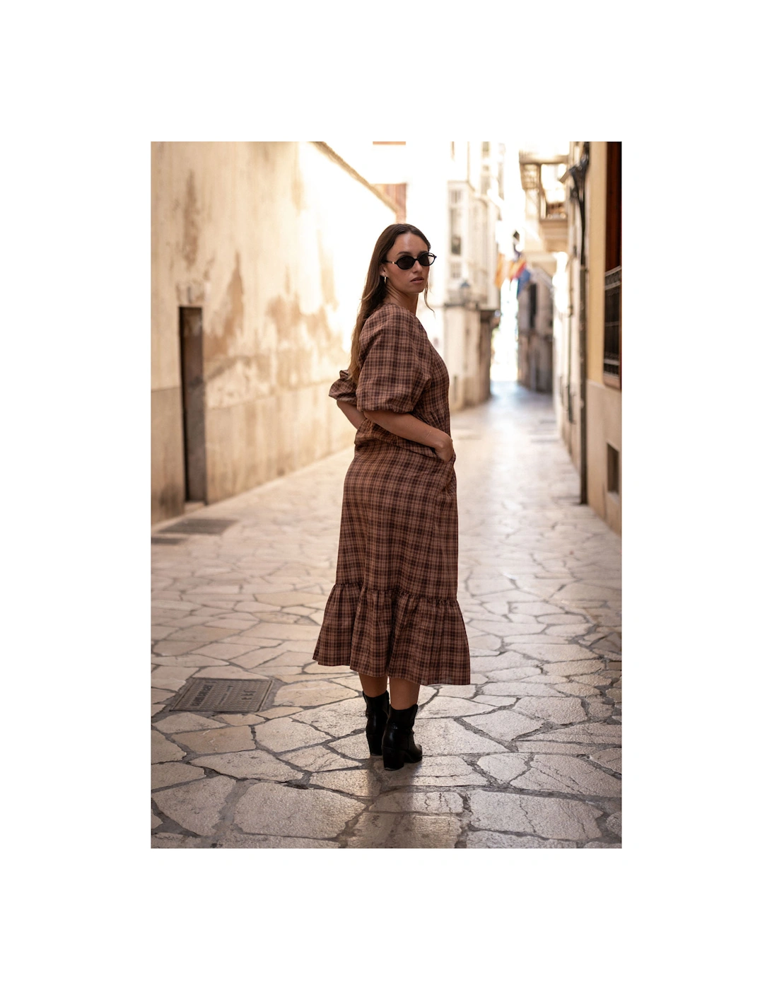 Brown Cotton Puff Sleeves V Neck Midi Dress
