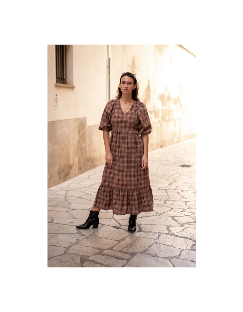 Brown Cotton Puff Sleeves V Neck Midi Dress