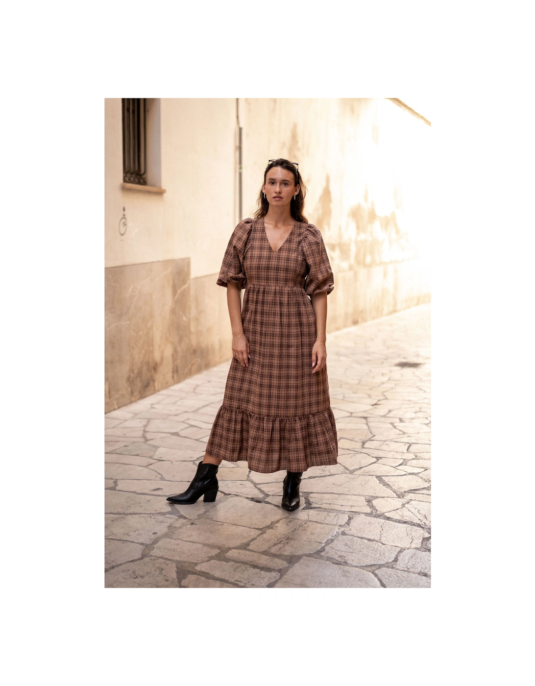 Brown Cotton Puff Sleeves V Neck Midi Dress