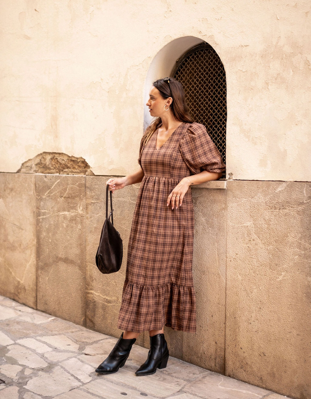 Brown Cotton Puff Sleeves V Neck Midi Dress