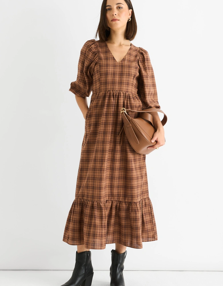 Brown Cotton Puff Sleeves V Neck Midi Dress