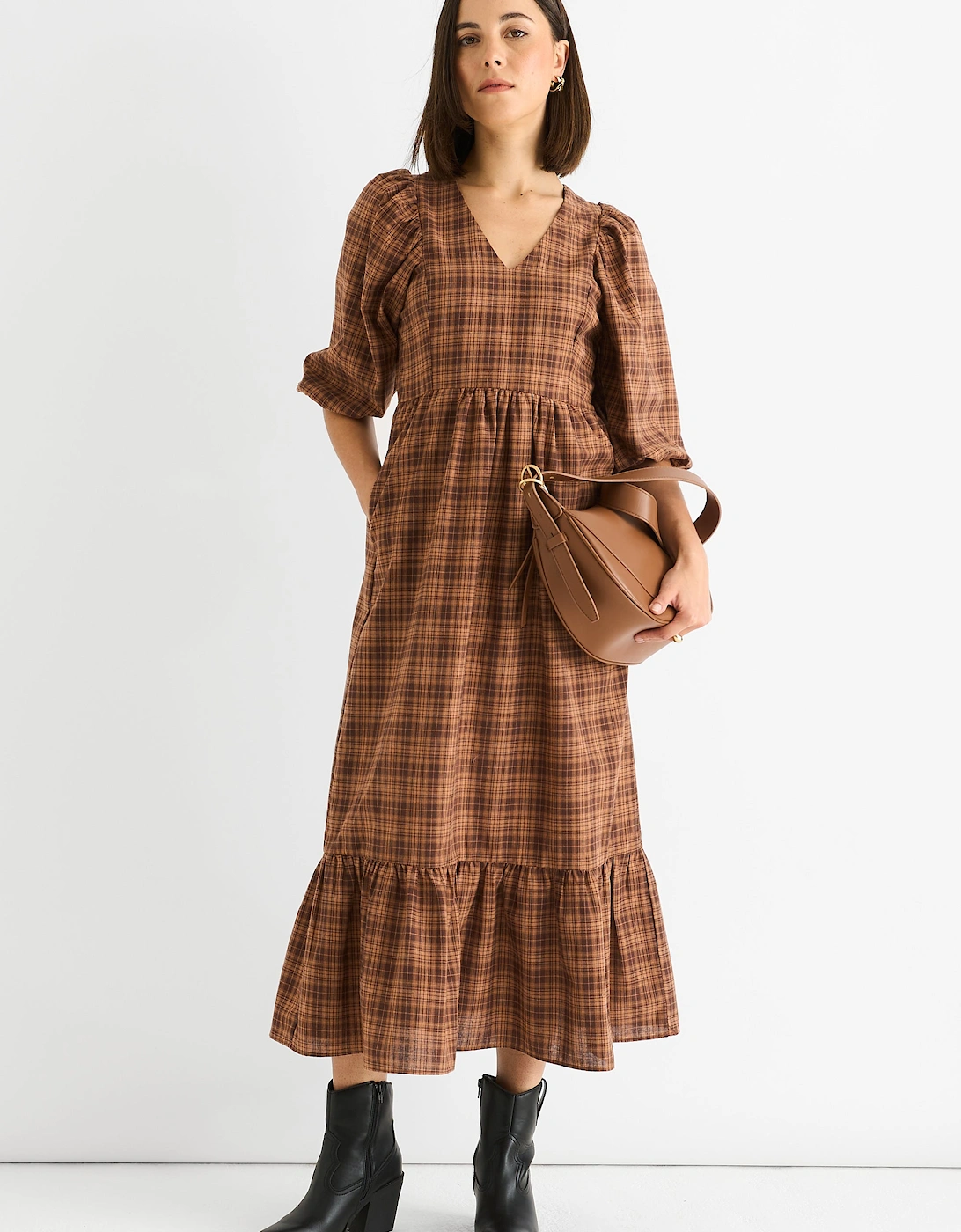 Brown Cotton Puff Sleeves V Neck Midi Dress
