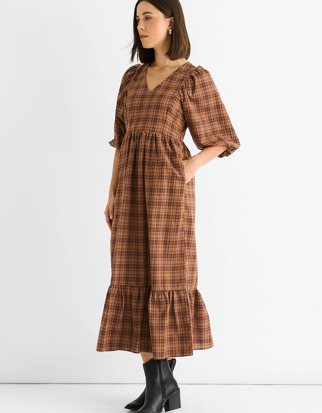 Brown Cotton Puff Sleeves V Neck Midi Dress