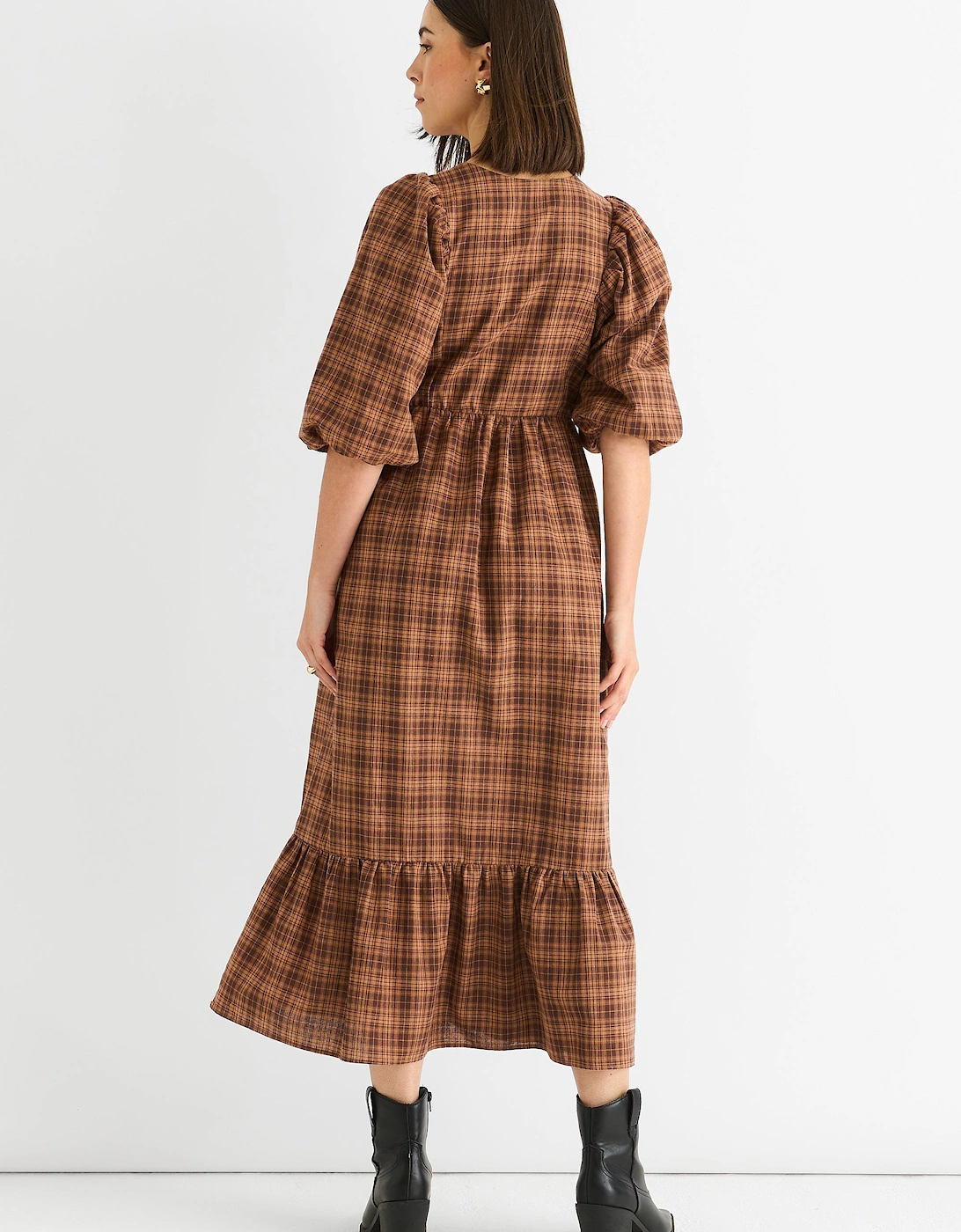 Brown Cotton Puff Sleeves V Neck Midi Dress
