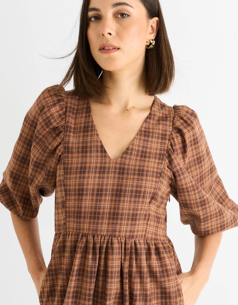Brown Cotton Puff Sleeves V Neck Midi Dress