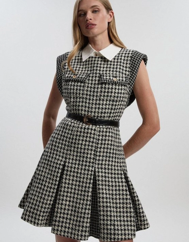 Textured Tweed Contrast Collar Pleated Tailored Mini Dress