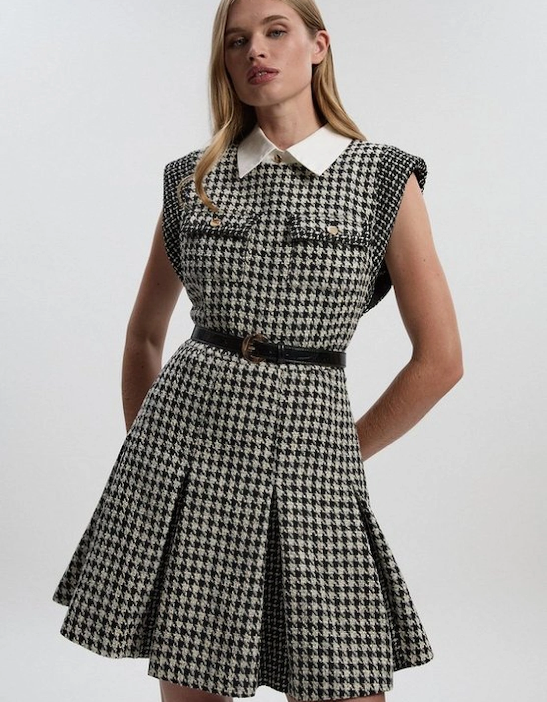 Textured Tweed Contrast Collar Pleated Tailored Mini Dress, 4 of 3