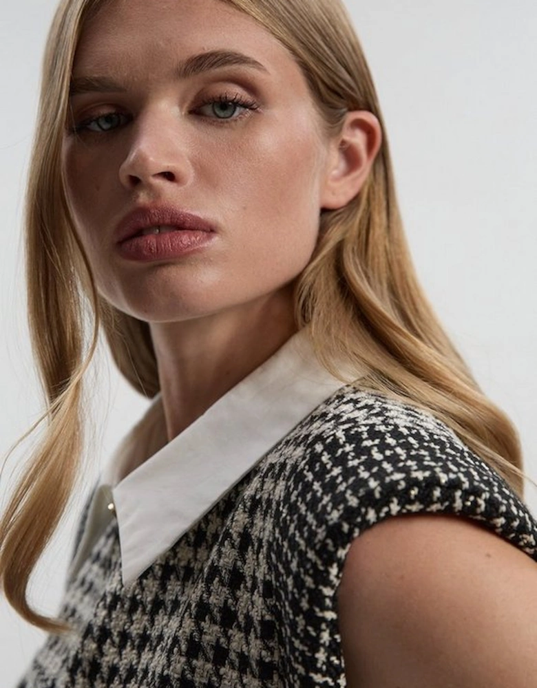 Textured Tweed Contrast Collar Pleated Tailored Mini Dress