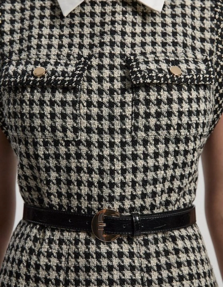 Textured Tweed Contrast Collar Pleated Tailored Mini Dress
