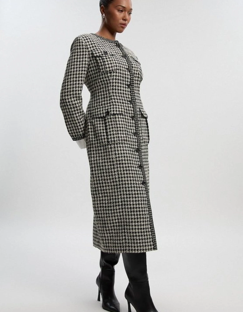 Plus Size Tailored Check Contrast Sleeve Pocket Front Midi Dress