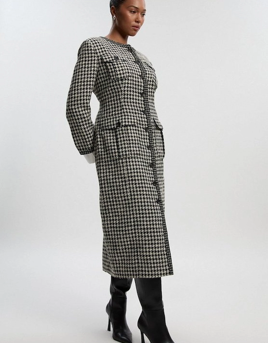 Plus Size Tailored Check Contrast Sleeve Pocket Front Midi Dress, 4 of 3