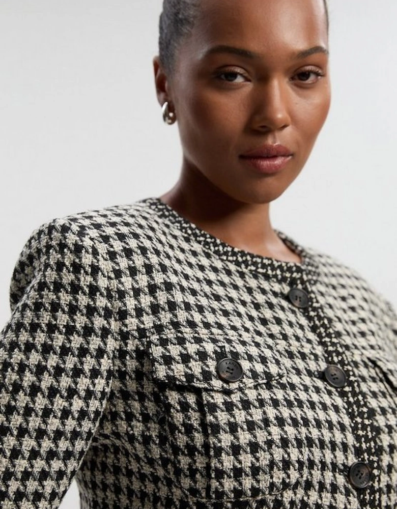 Plus Size Tailored Check Contrast Sleeve Pocket Front Midi Dress