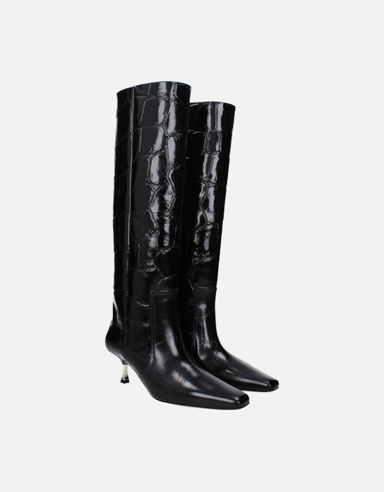 Vintage Effect Leather Mid Heel Boots Women - Black