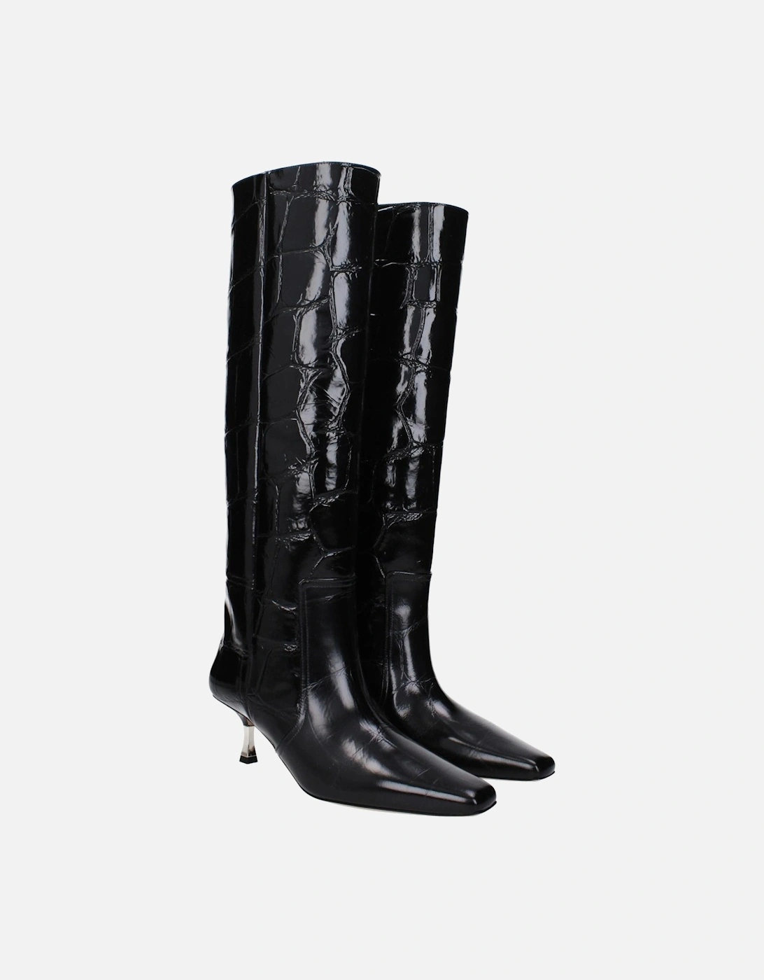 Vintage Effect Leather Mid Heel Boots Women - Black