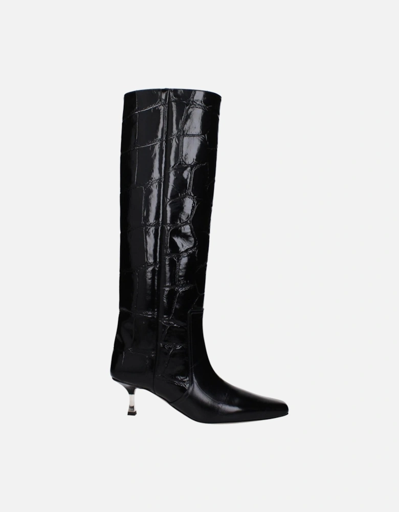 Vintage Effect Leather Mid Heel Boots Women - Black