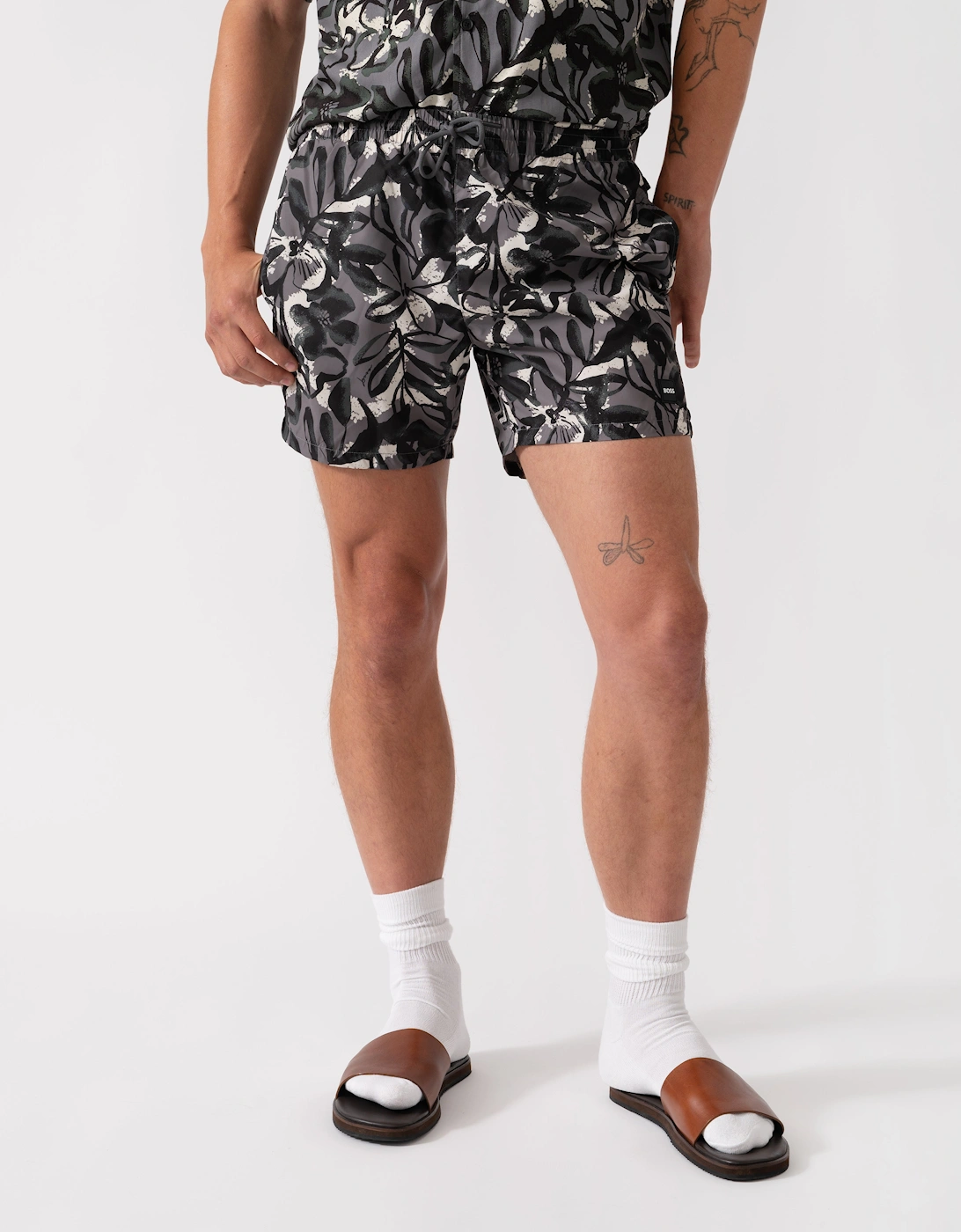 Men's BOSS Orange Piranha Mens Tropical Print Quick-Drying Swim Shorts - Open Grey 062 - Black - Size: 37/36/32