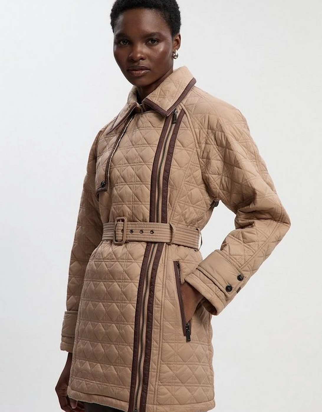 Diamond Quilted Belted Short Puffer Trench Jacket, 2 of 1
