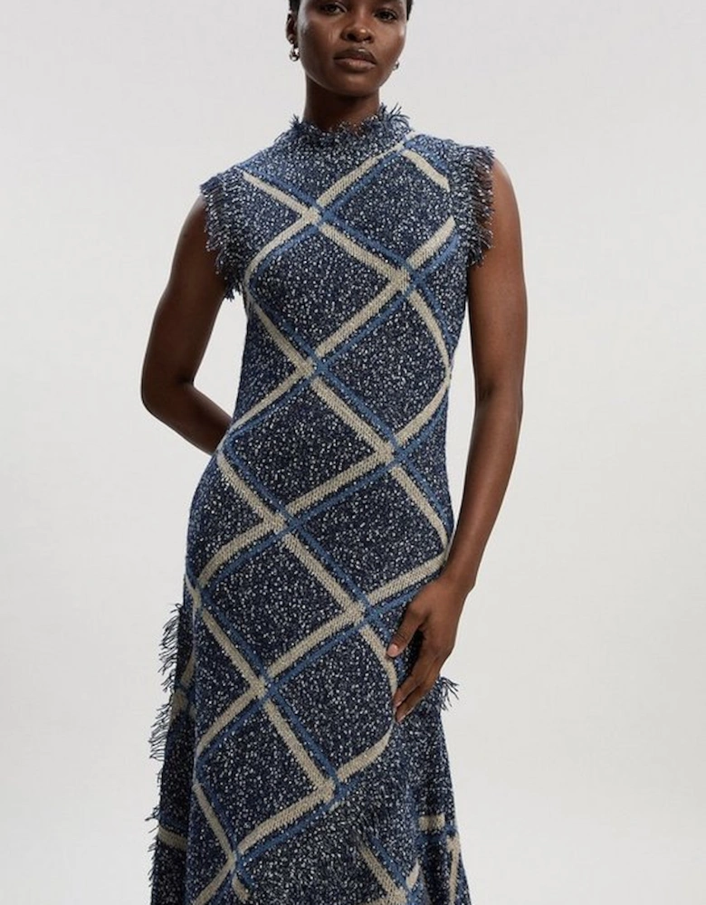 Tweed Yarn Fringe Trim Knitted Dress