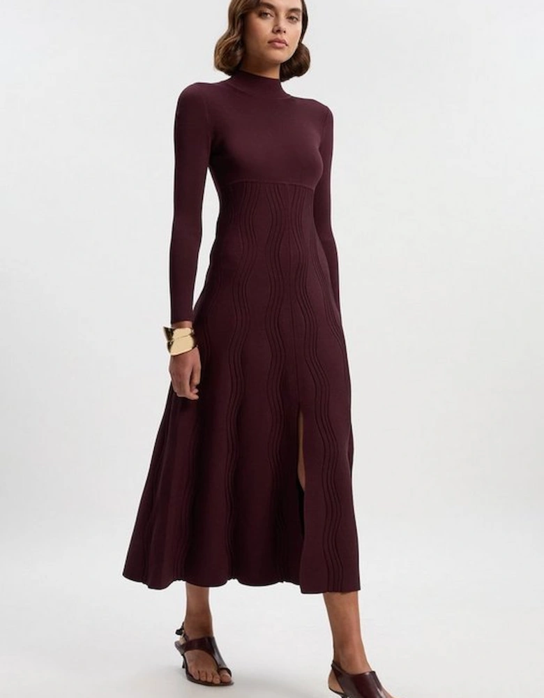 Contrast Wave Knit A-Line Knitted Long Sleeve Dress