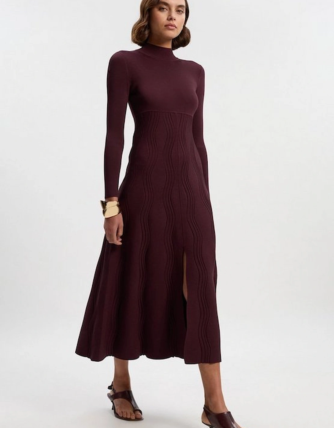 Contrast Wave Knit A-Line Knitted Long Sleeve Dress, 4 of 3