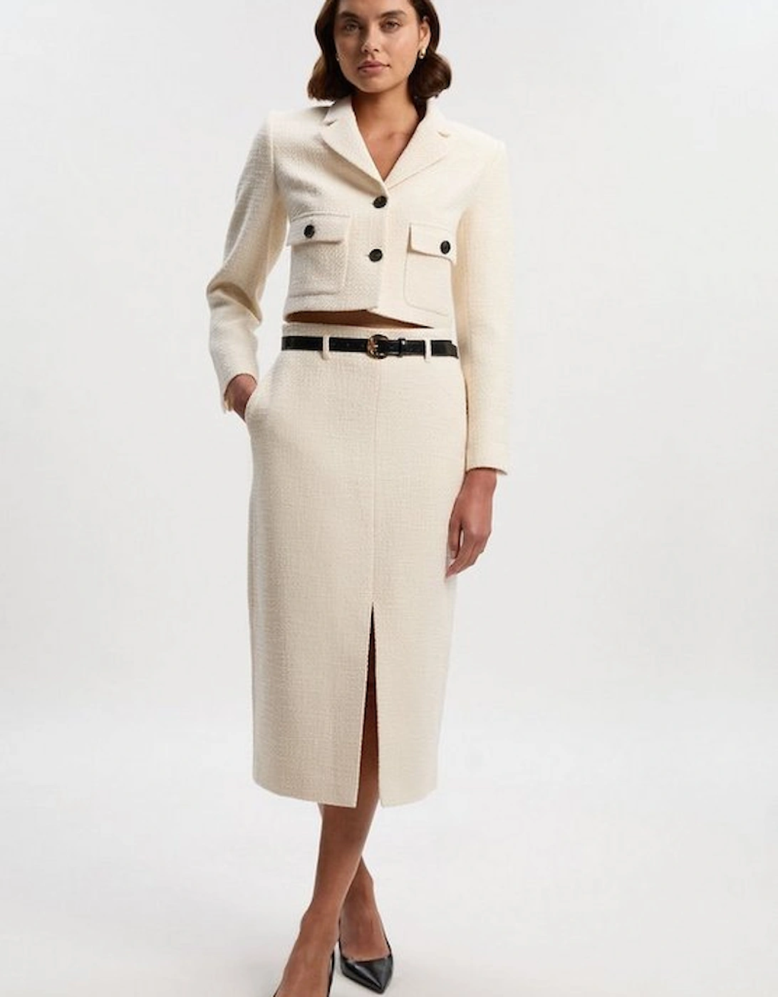 Textured Tweed Belted Tailored Pencil Skirt, 5 of 4