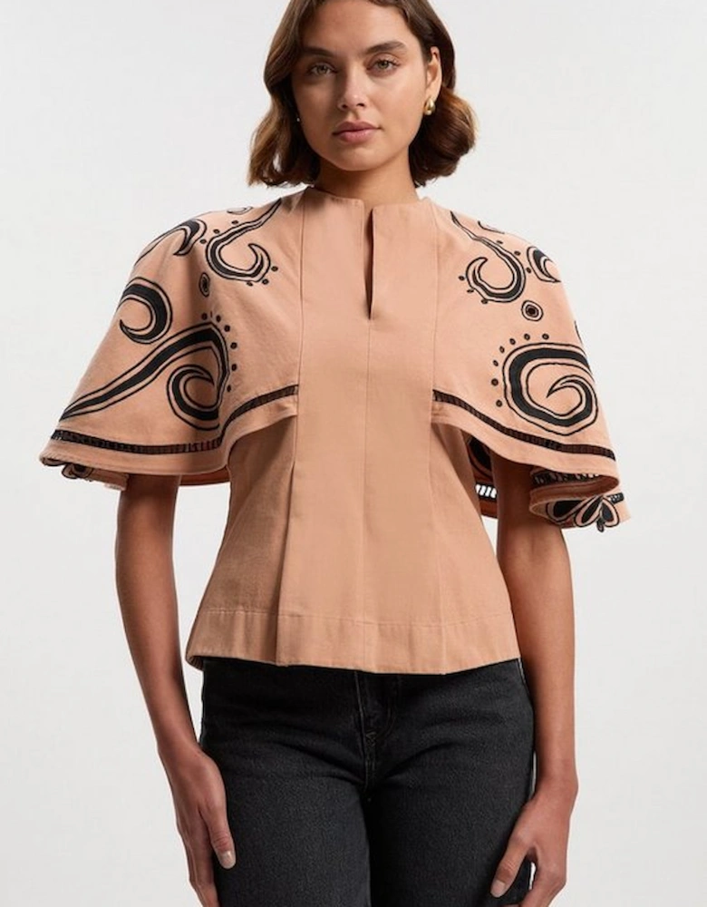 Baroque Embroidered Cape Sleeve Woven Twill Top